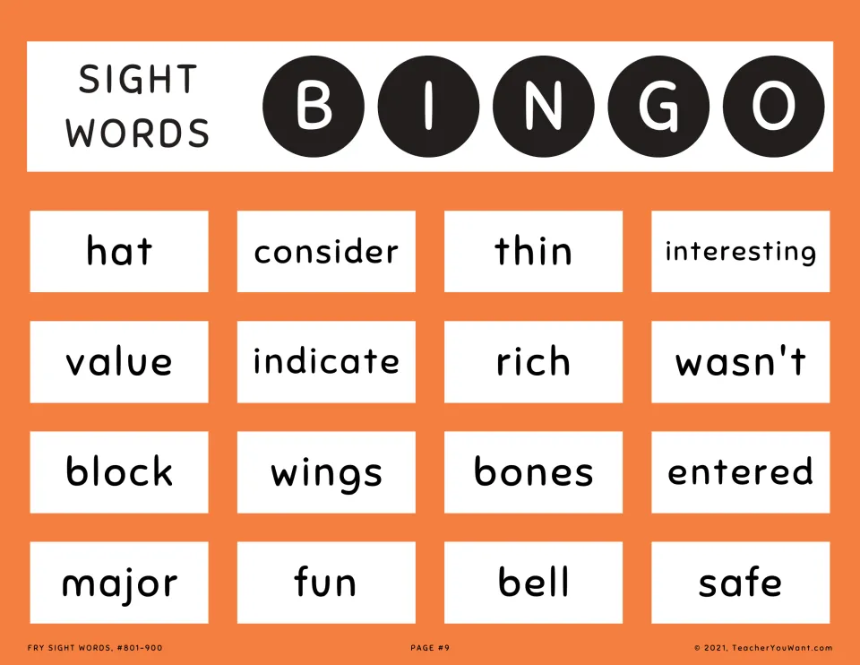 Sight word bingo card 9: hat, consider, thin, interesting and 12 more words from Fry sight words 801–900.