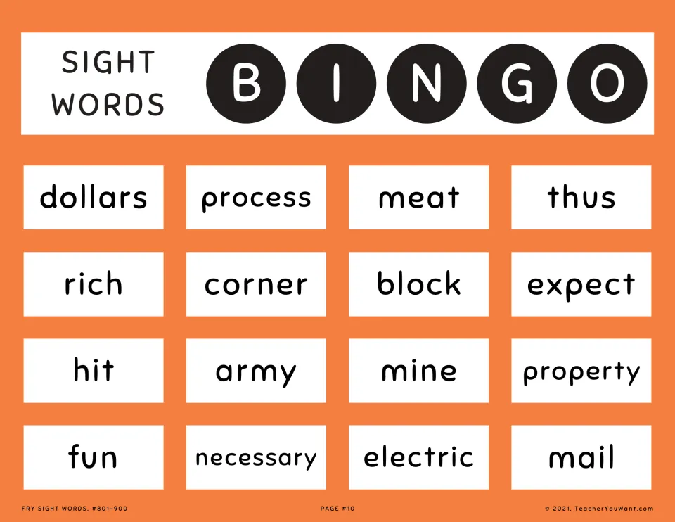 Sight word bingo card 10: dollars, process, meat, thus and 12 more words from Fry sight words 801–900.