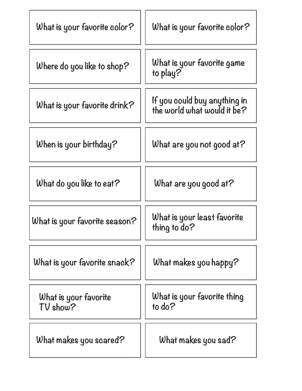 Getting-to-know-you question cards to cut apart: favorite color, birthday, what makes you happy, what you're good at