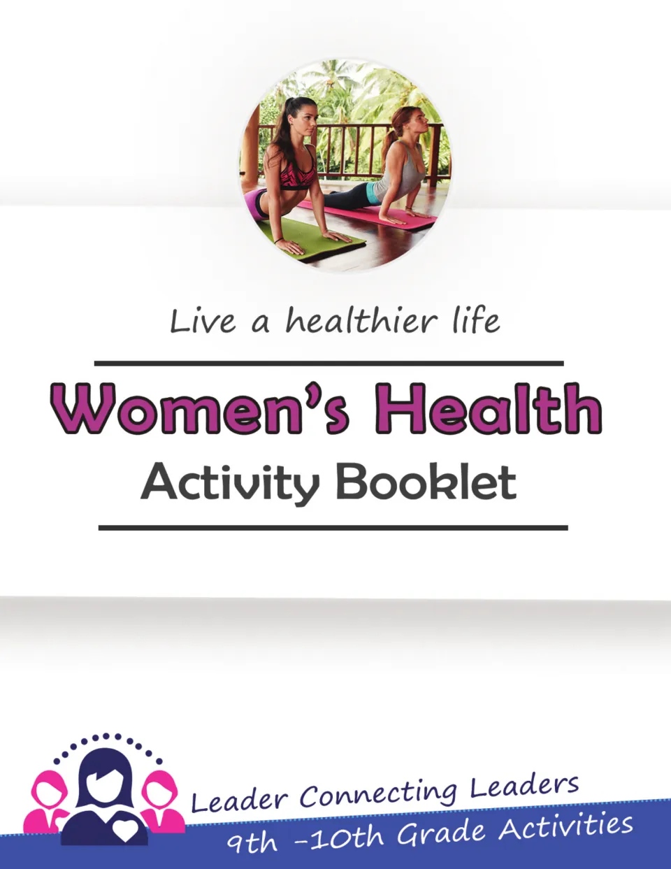 Women's Health Activity Booklet cover with the subtitle 'Live a healthier life' and a photo of two women doing yoga