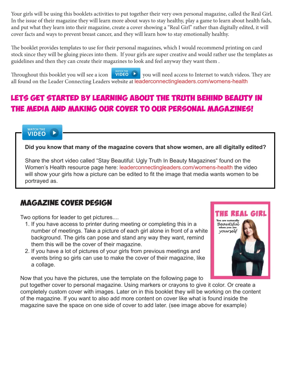 Leader intro to the Real Girl personal magazine project, with Magazine Cover Design steps for taking photos