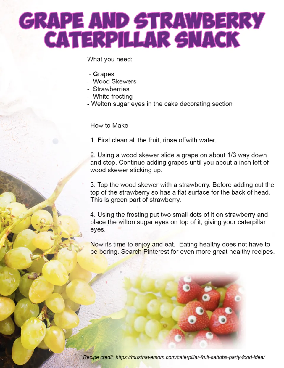 Grape and Strawberry Caterpillar Snack recipe: grapes and a strawberry on a skewer with frosting and sugar eyes