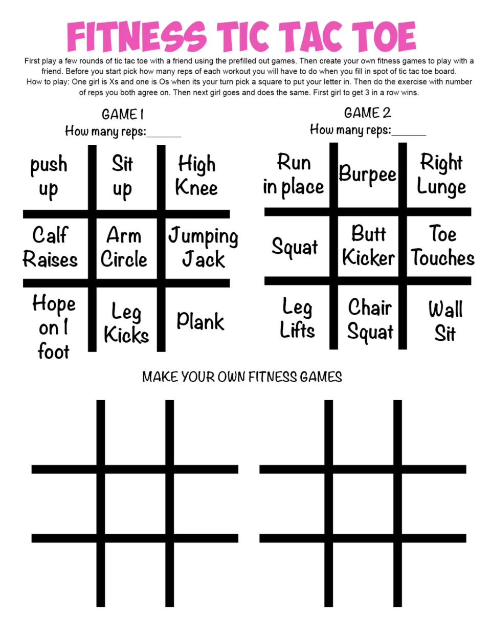Fitness Tic Tac Toe: two exercise boards (push up, plank, burpee, wall sit and more) plus two blank boards