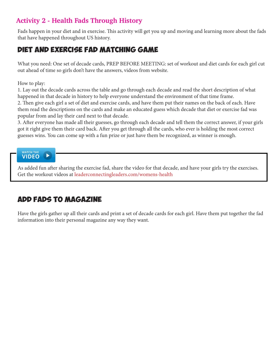 Activity 2, Health Fads Through History: how to play the diet and exercise fad matching game with decade cards