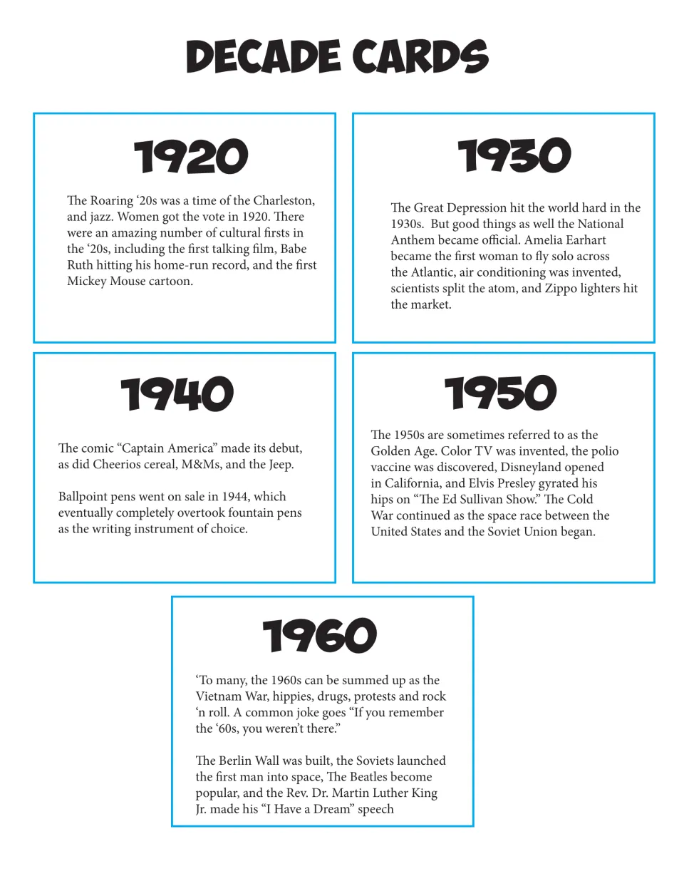 Decade cards for the fad matching game: 1920 to 1960, with events like the Great Depression and polio vaccine