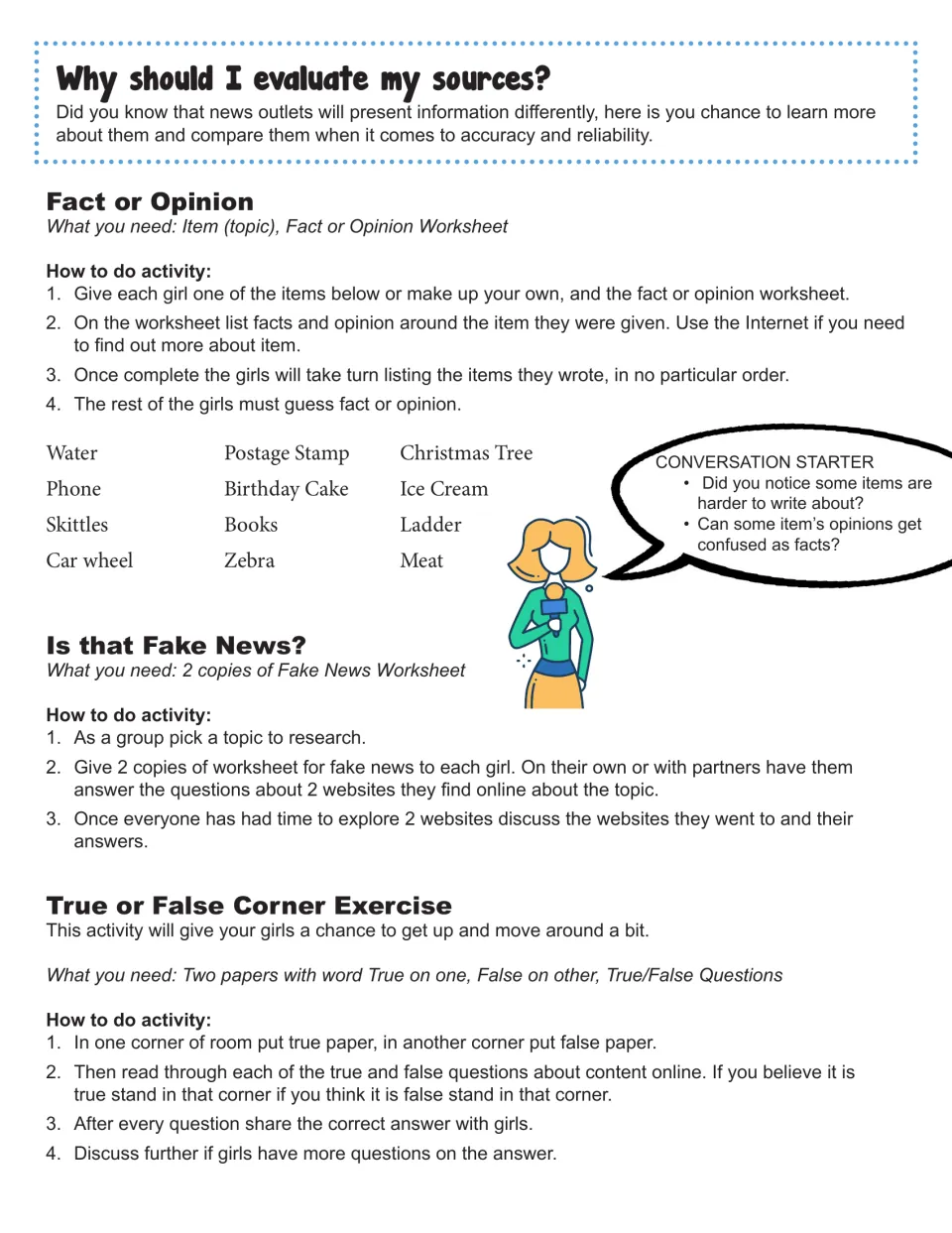 Evaluating sources: leader steps for Fact or Opinion, Is that Fake News? and a True or False corner game on online content