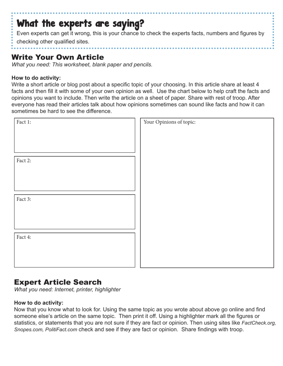 Checking experts: students plan an article with 4 facts and opinions, then highlight claims in a found article to verify
