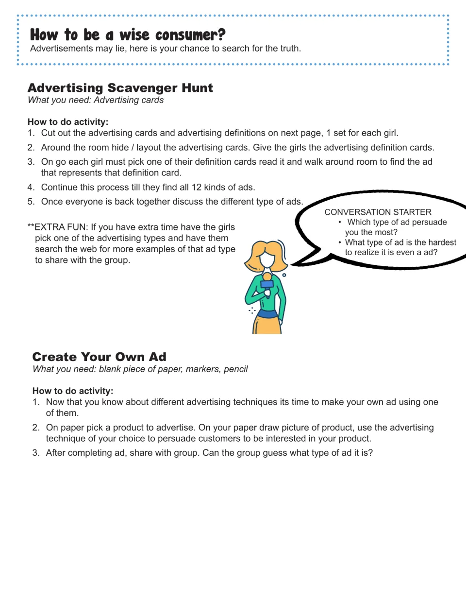 Wise consumers: leader steps for an Advertising Scavenger Hunt matching 12 ad types and a Create Your Own Ad task