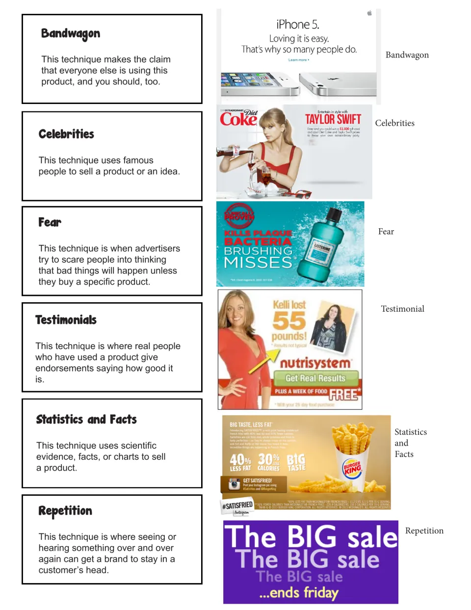 Cut-out piece: ad technique cards defining bandwagon, celebrities, fear, testimonials, statistics and repetition, with ads
