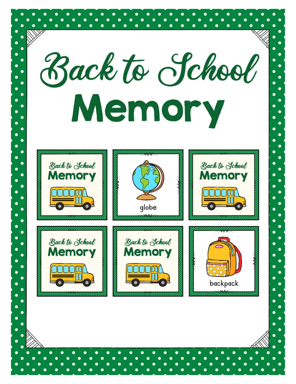 Back to School Memory cover showing sample globe and backpack cards alongside school bus card backs