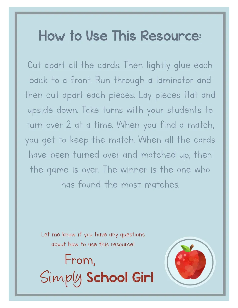 Memory game instructions explain cutting, gluing and laminating cards, then taking turns finding matches
