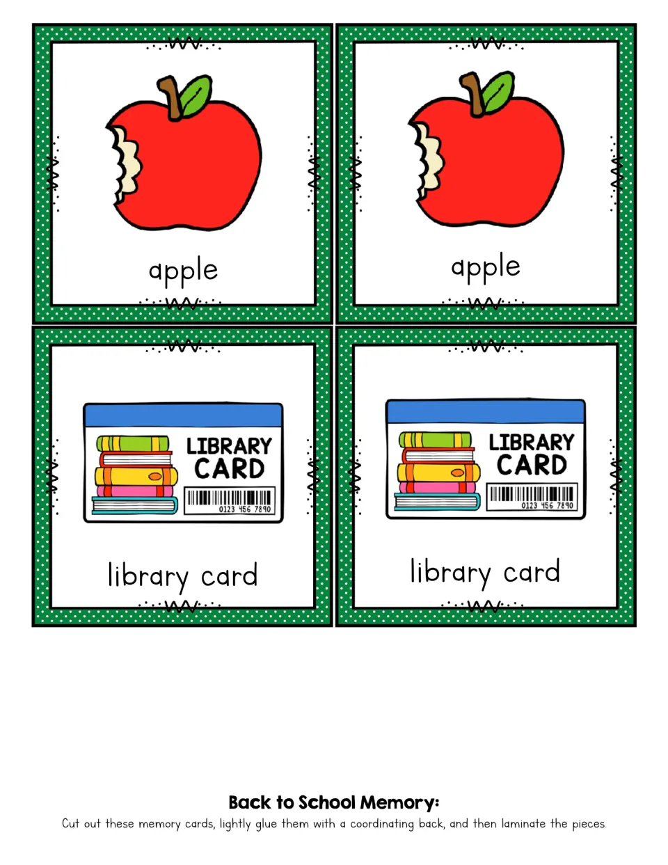 Memory game cards 1–4 of 20: two matching apple cards and two matching library card pictures, all labeled