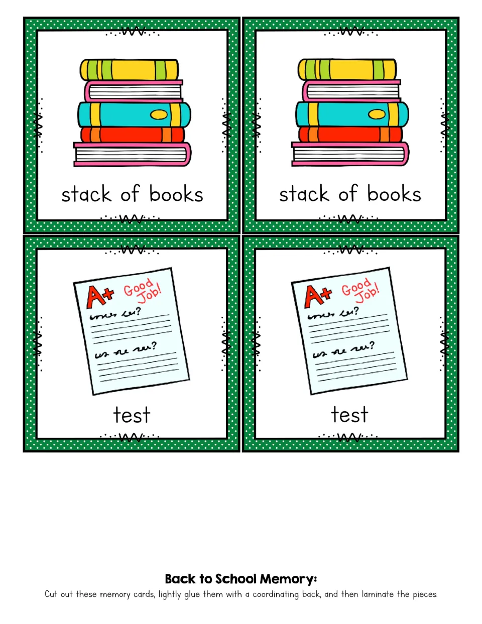 Memory game cards 5–8 of 20: matching pairs labeled 'stack of books' and 'test,' each with a picture