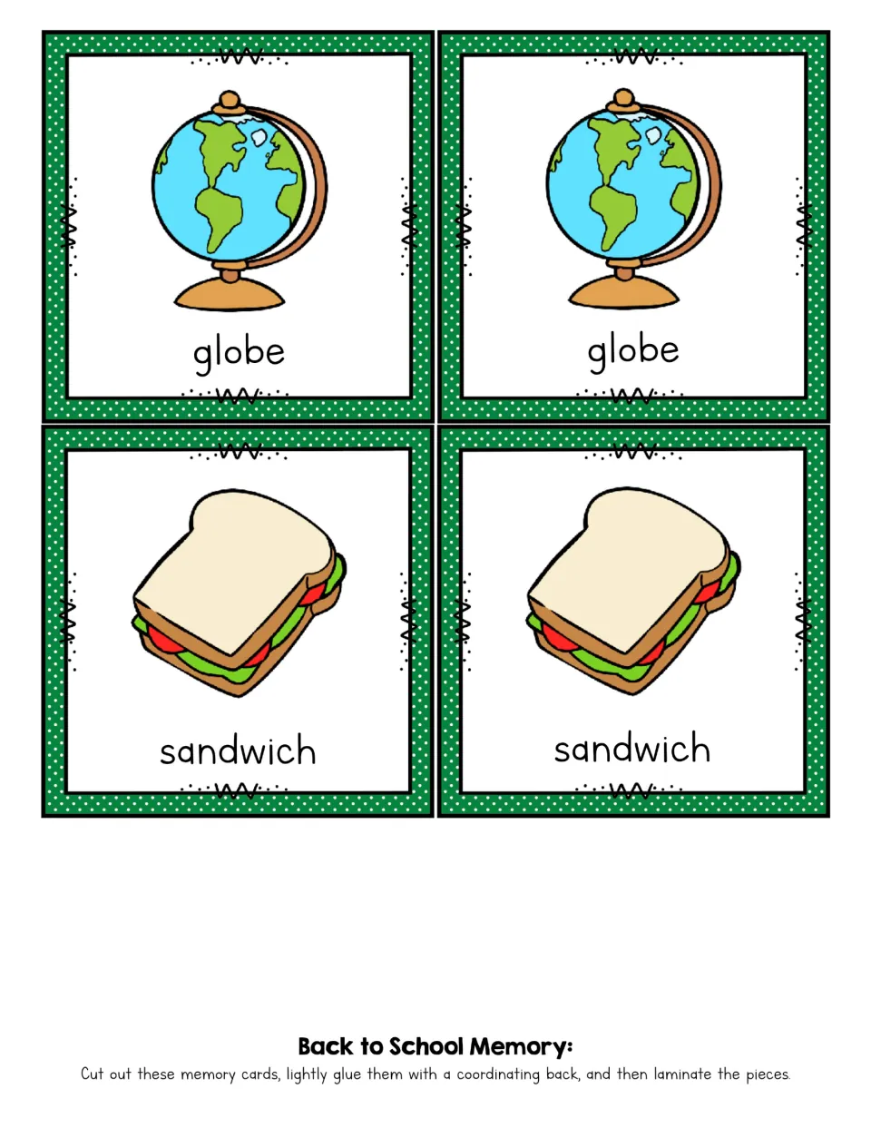 Memory game cards 9–12 of 20: two matching globe cards and two matching sandwich cards, each labeled