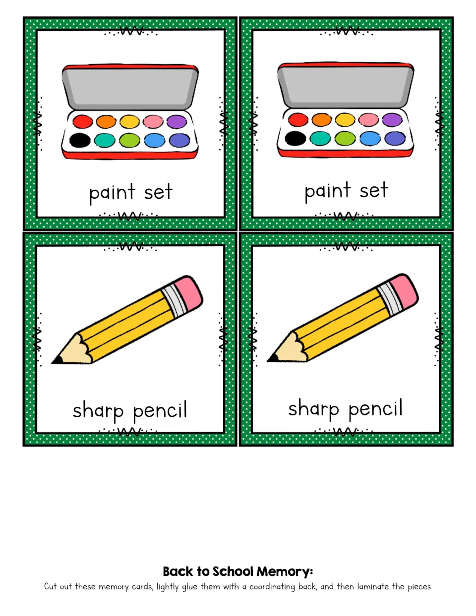 Memory game cards 13–16 of 20: matching pairs labeled 'paint set' and 'sharp pencil,' each illustrated