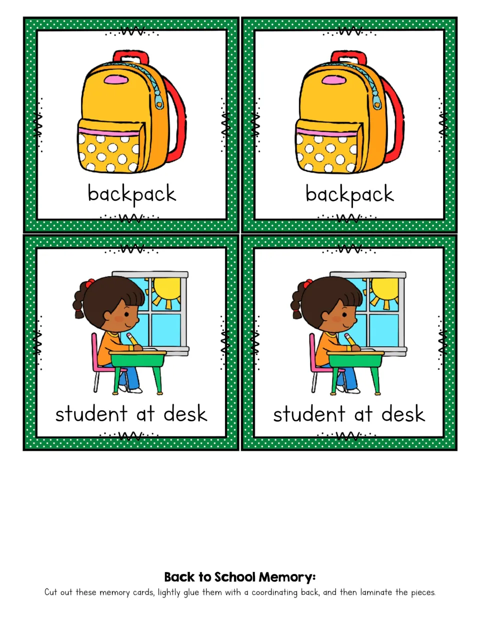 Memory game cards 17–20 of 20: matching pairs labeled 'backpack' and 'student at desk,' each illustrated