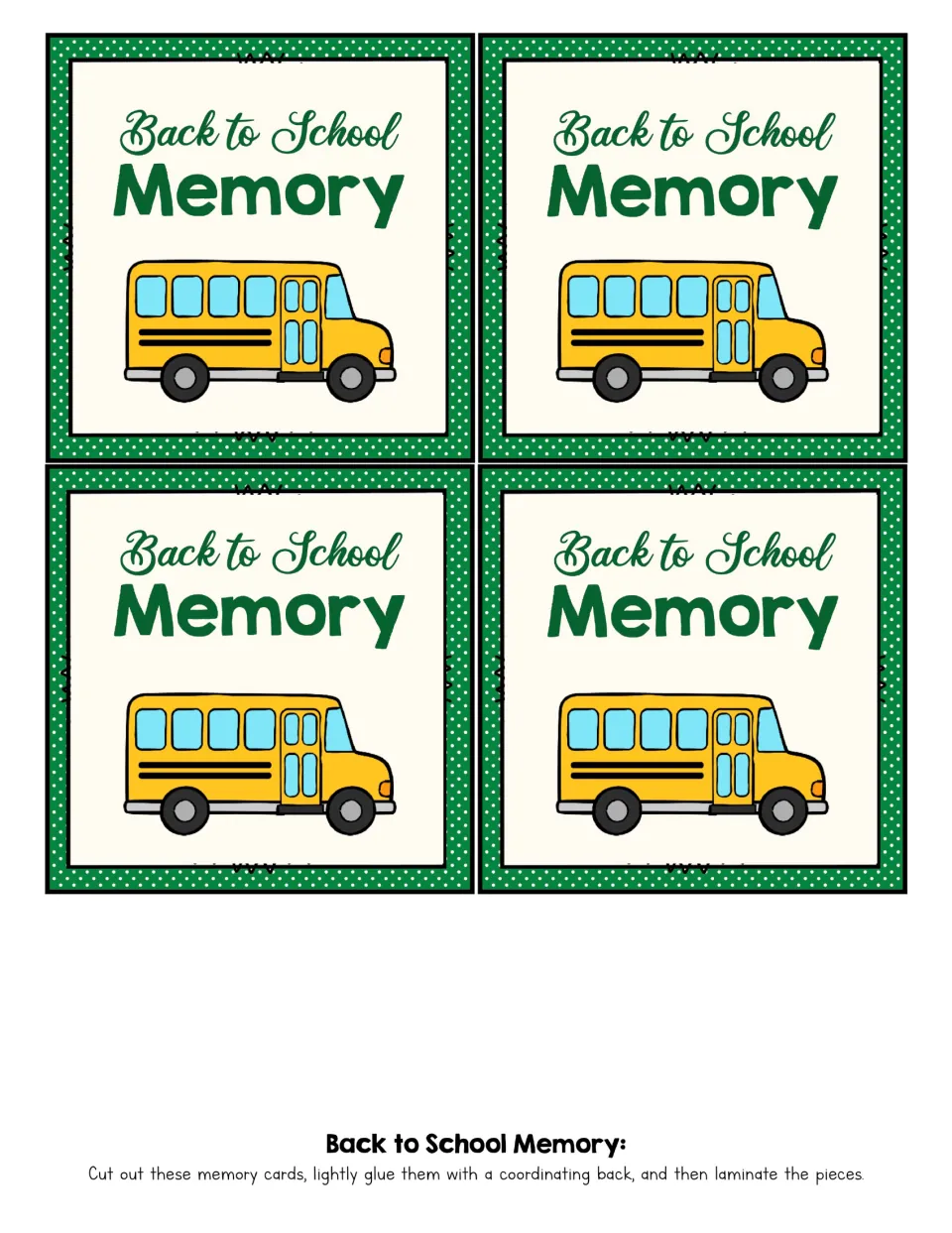 Four matching memory game card backs show a school bus and the game heading, ready to attach to fronts