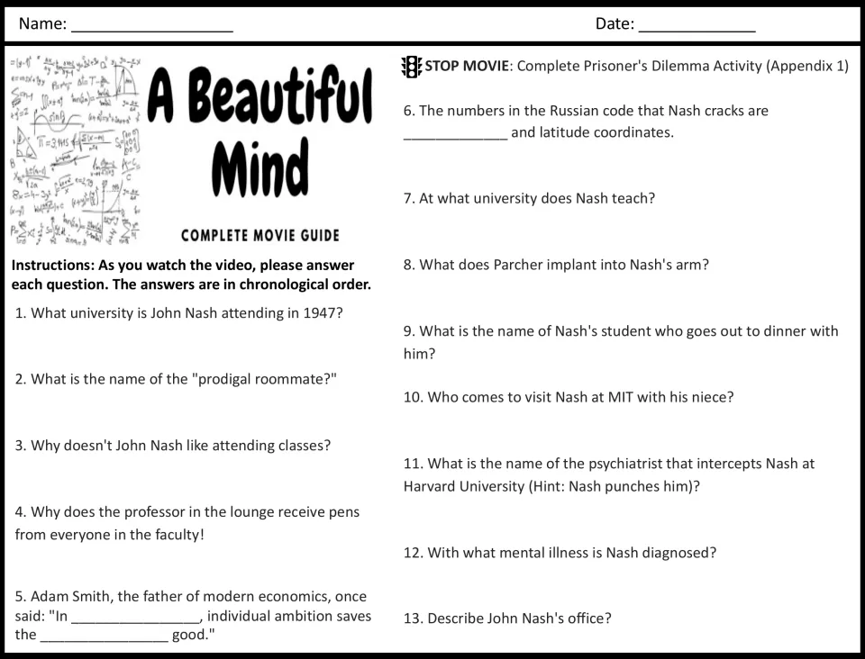 Movie guide questions 1–13 on Nash's university, roommate, teaching, code work, and psychiatric diagnosis
