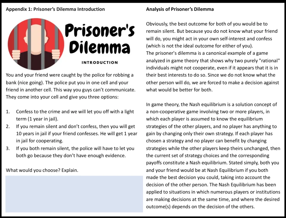 Prisoner's Dilemma appendix presents a bank robbery choice, a written response, and Nash equilibrium analysis