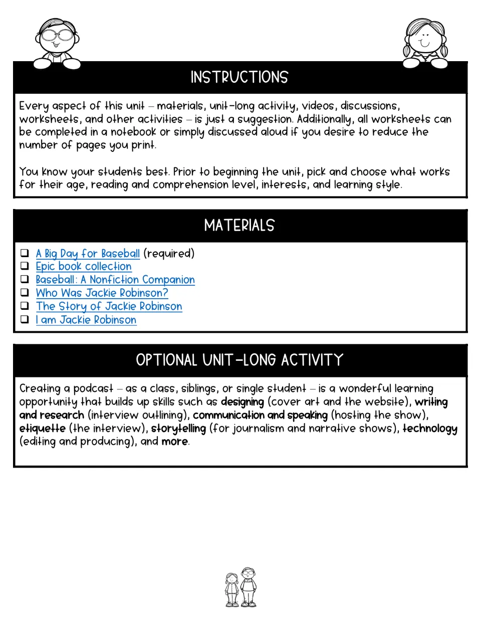 Unit instructions explain flexible worksheet use, list required and optional books, and suggest a podcast project
