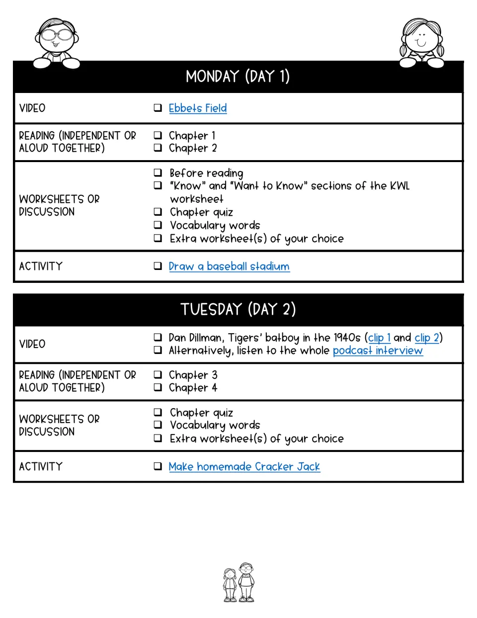 Days 1–2 lesson plans assign chapters 1–4, an Ebbets Field video, a stadium drawing, and homemade Cracker Jack