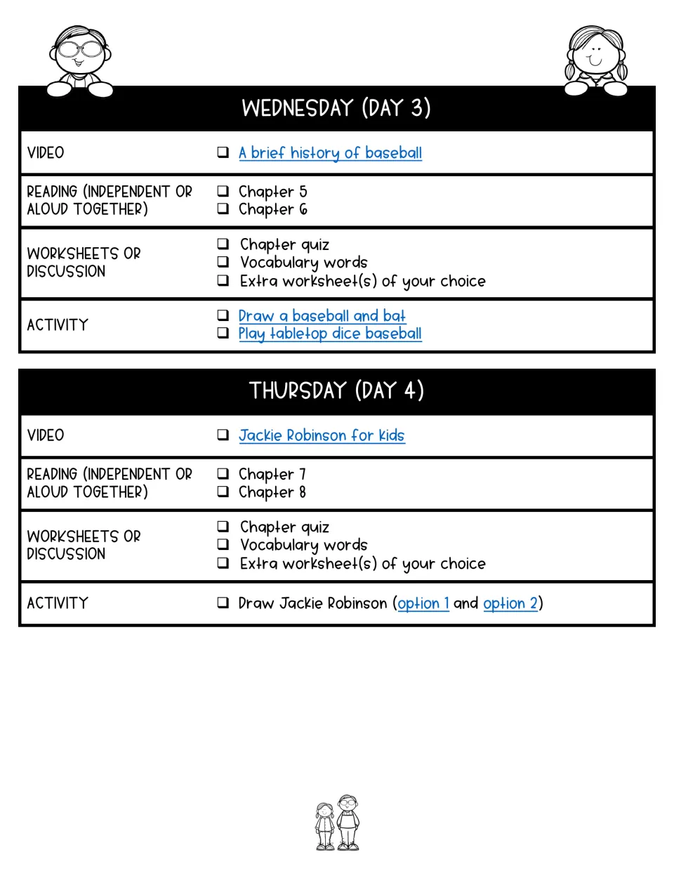 Days 3–4 lesson plans assign chapters 5–8, baseball history, tabletop dice baseball, and Jackie Robinson drawing