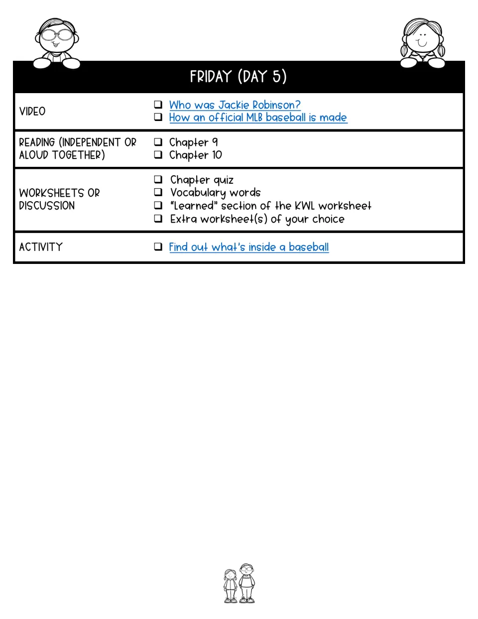 Day 5 lesson plan assigns chapters 9–10, Jackie Robinson and baseball-making videos, and KWL completion