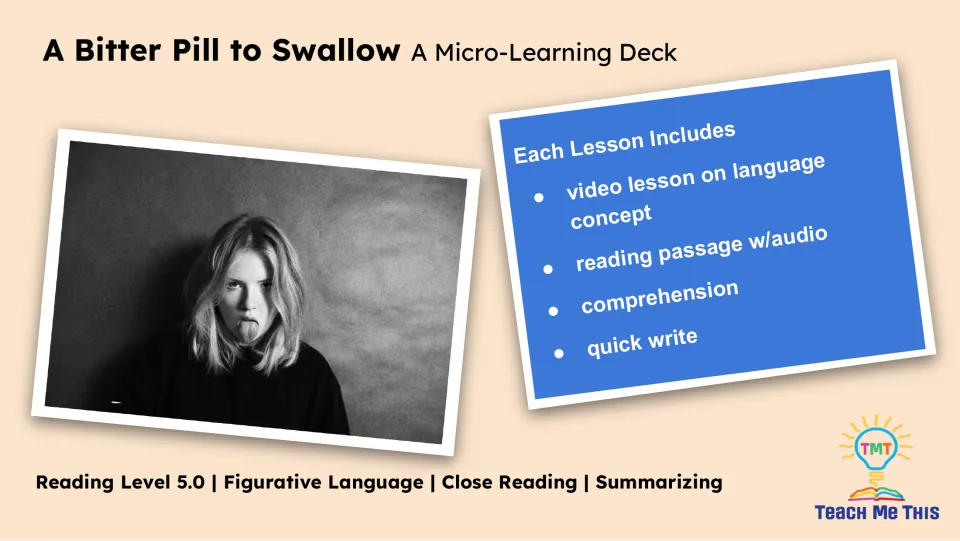 Lesson overview lists a language concept video, reading passage with audio, comprehension, and quick write