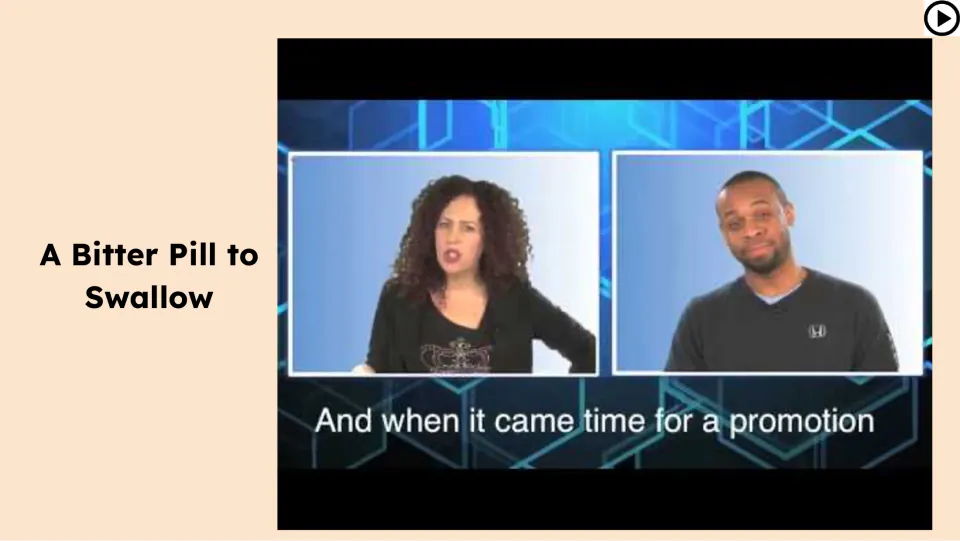 Video lesson slide introduces the idiom through a workplace example, with a subtitle about a promotion