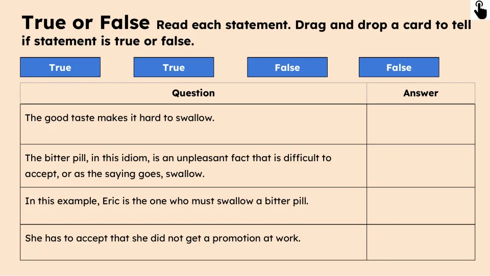 True-or-false comprehension activity checks four statements about medicine, the idiom, and the promotion