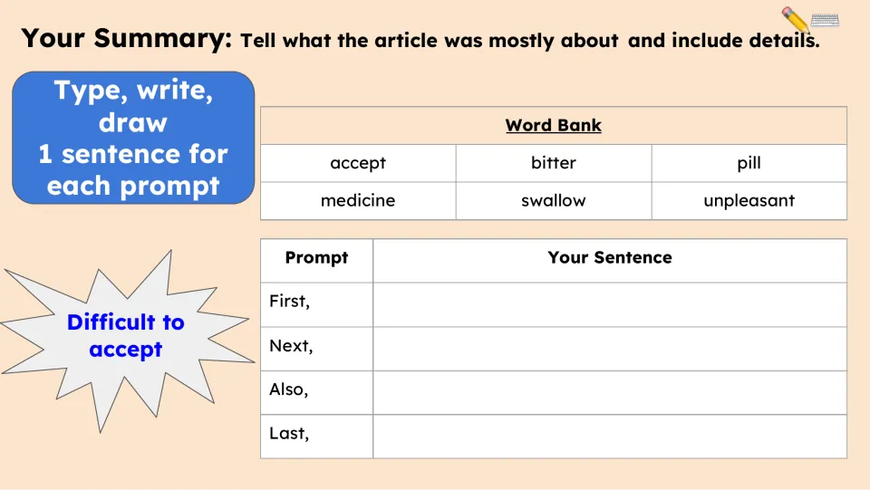 Summary activity asks for one sentence per prompt using First, Next, Also, and Last, with a six-word bank