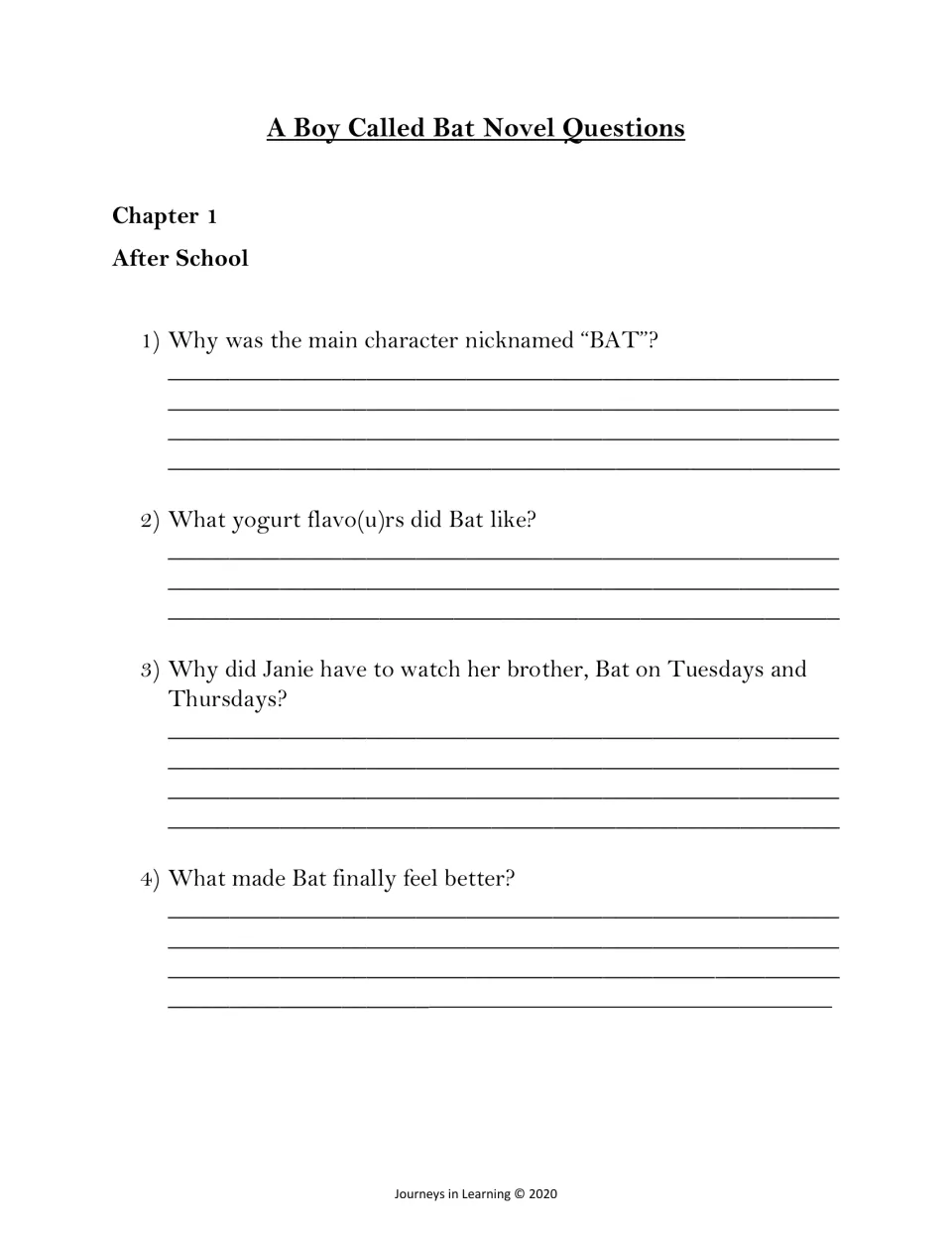 Chapter 1 After School questions for A Boy Called Bat: students explain Bat's nickname, his yogurt flavors and Janie's role