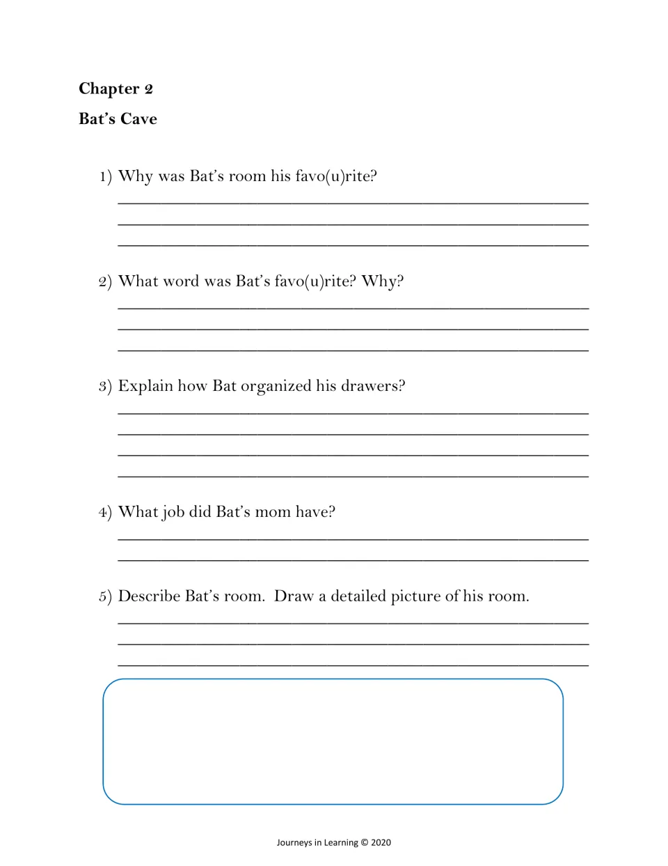 Chapter 2 Bat's Cave comprehension: students explain why Bat loves his room and how he sorts drawers, then draw his room