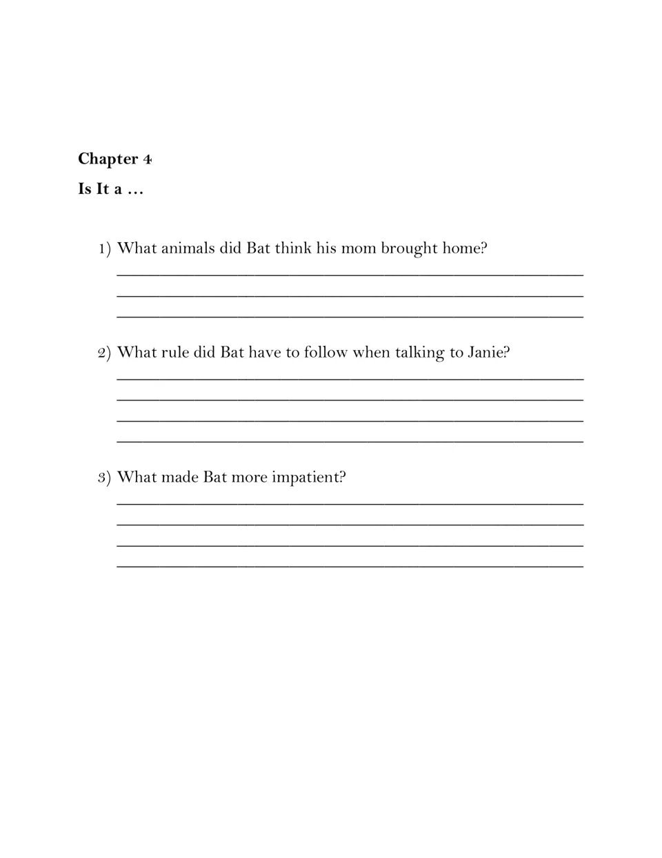 Chapter 4 Is It a... questions: students recall what animals Bat guessed, his rule for talking to Janie and his impatience