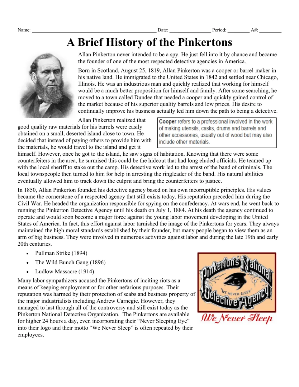 Biography reading: Allan Pinkerton's barrel-making trade, detective work, Civil War spying, and agency history