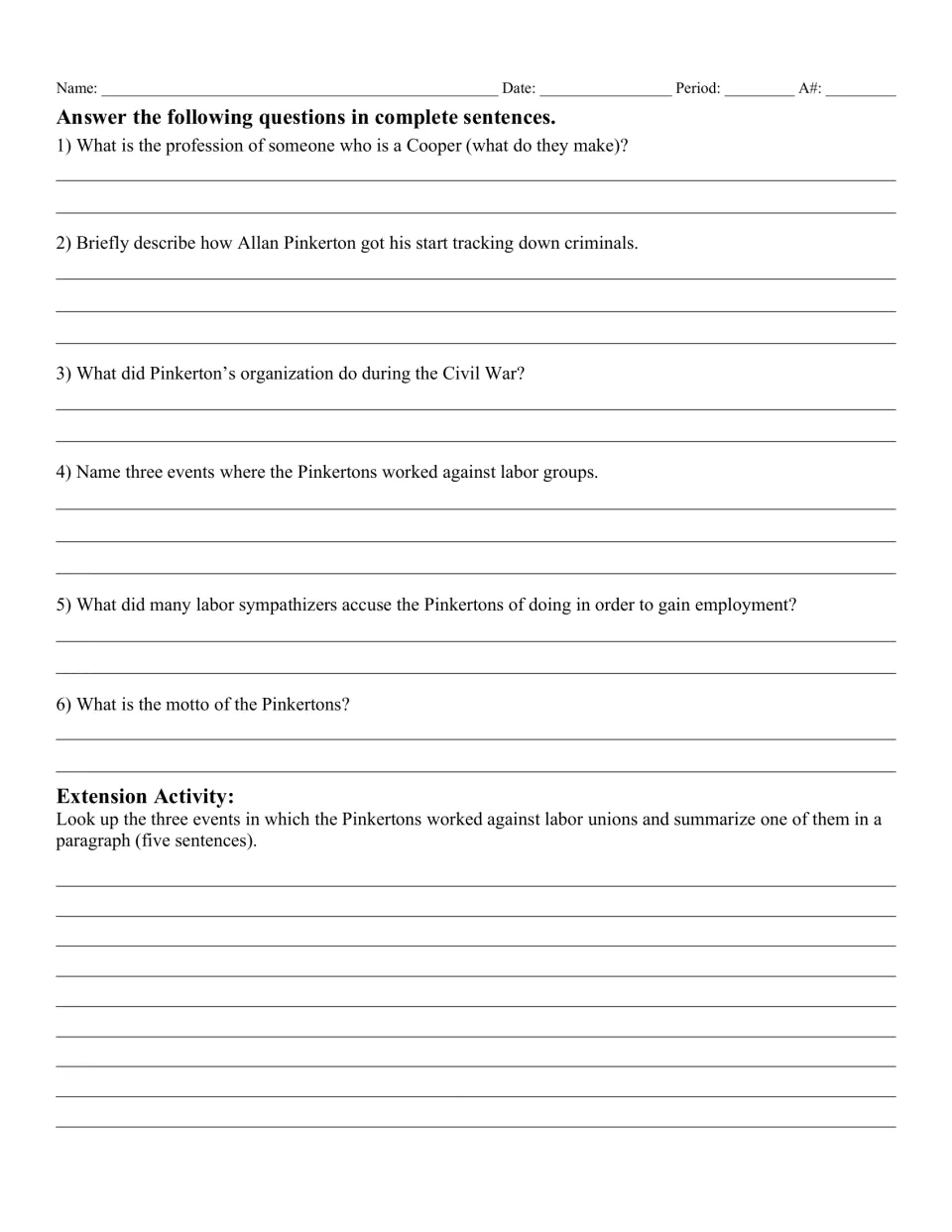 Comprehension questions 1–6 on Allan Pinkerton and his agency, followed by a five-sentence research extension