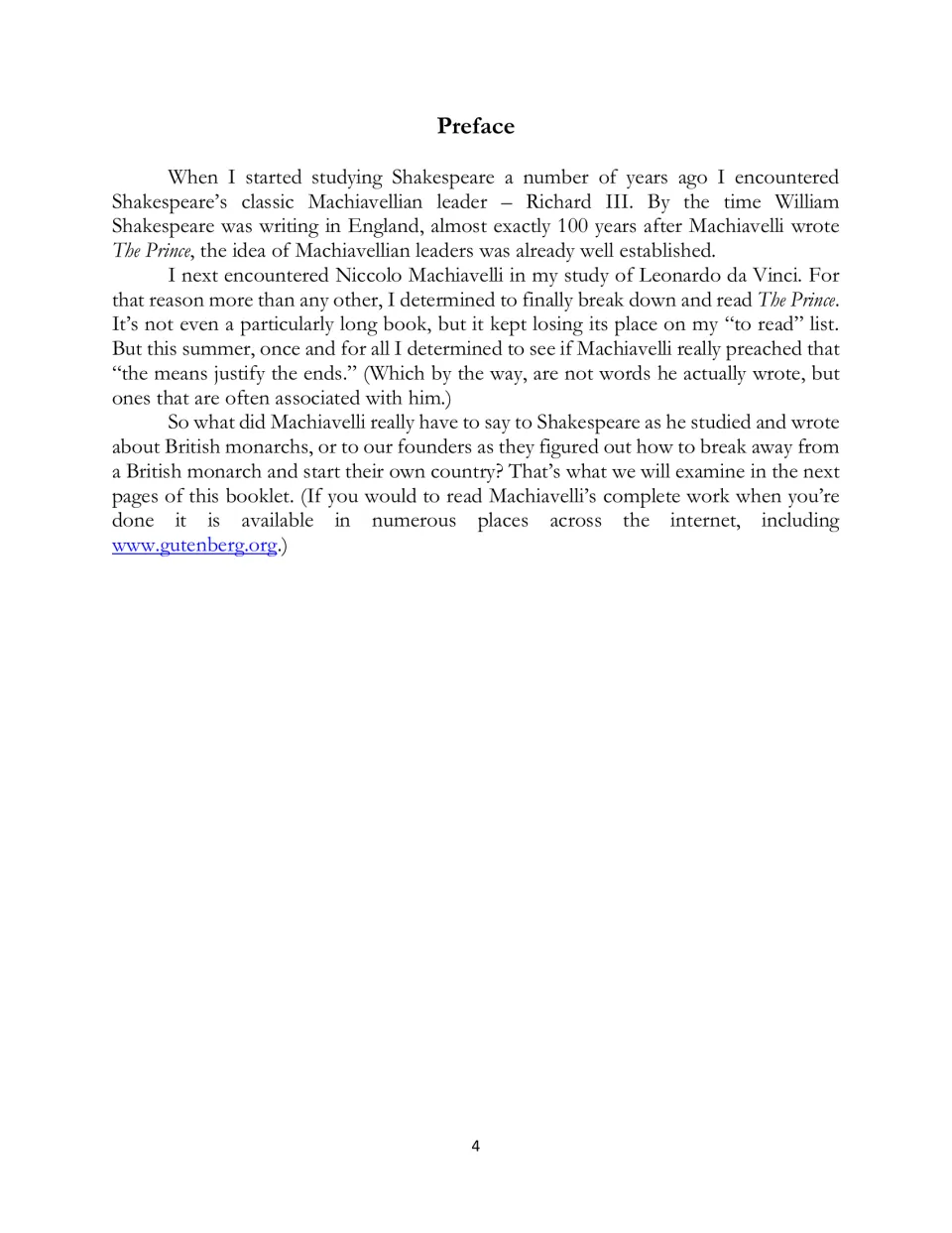 Preface explaining the author’s interest in Machiavelli through Shakespeare’s Richard III and Leonardo da Vinci