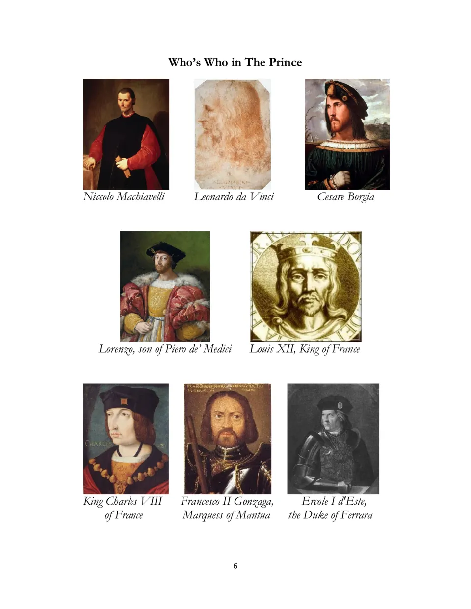 First portrait gallery page for The Prince: Machiavelli, Leonardo da Vinci, Cesare Borgia, and five more