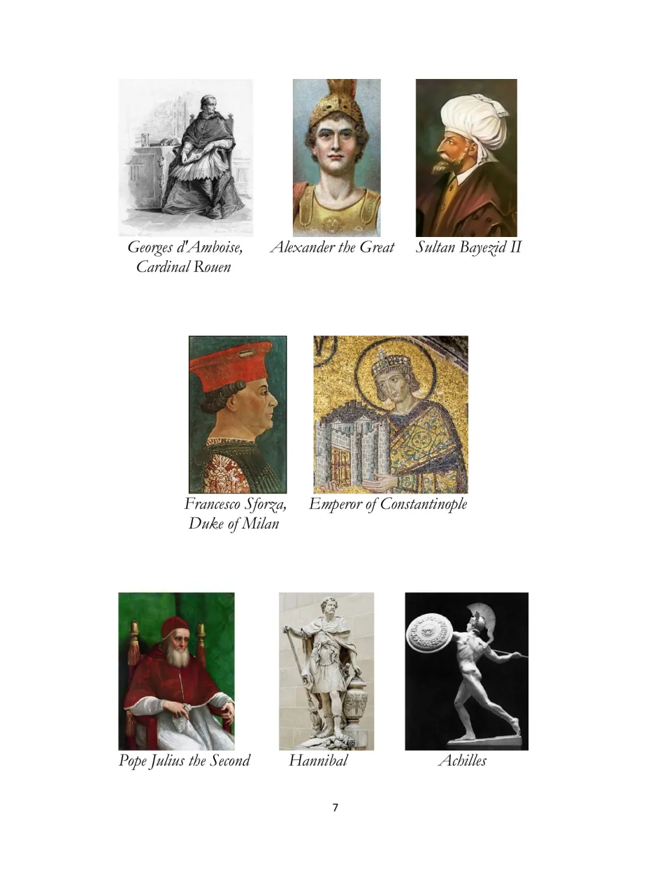 Second portrait gallery page for The Prince: Alexander the Great, Hannibal, Achilles, and five more