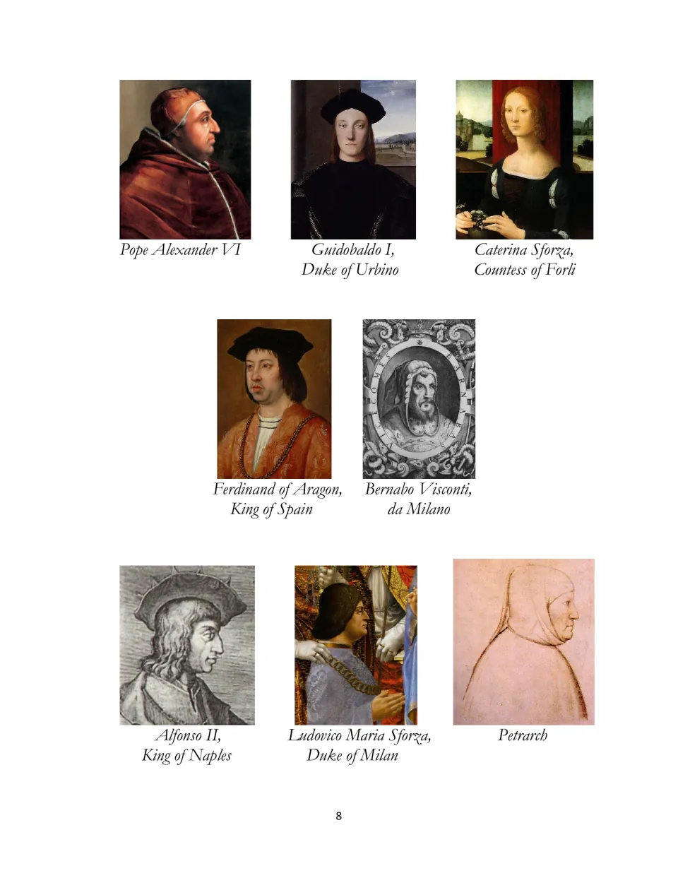 Third portrait gallery page for The Prince: Pope Alexander VI, Caterina Sforza, Petrarch, and five more