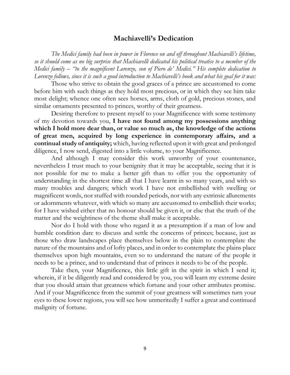 Machiavelli’s dedication to Lorenzo de’ Medici, introduced by commentary explaining the Medici connection