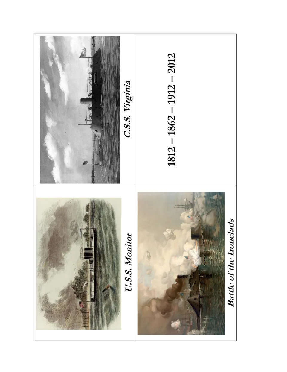 Civil War ironclad pictures: U.S.S. Monitor, C.S.S. Virginia and a Battle of the Ironclads painting, plus a date label