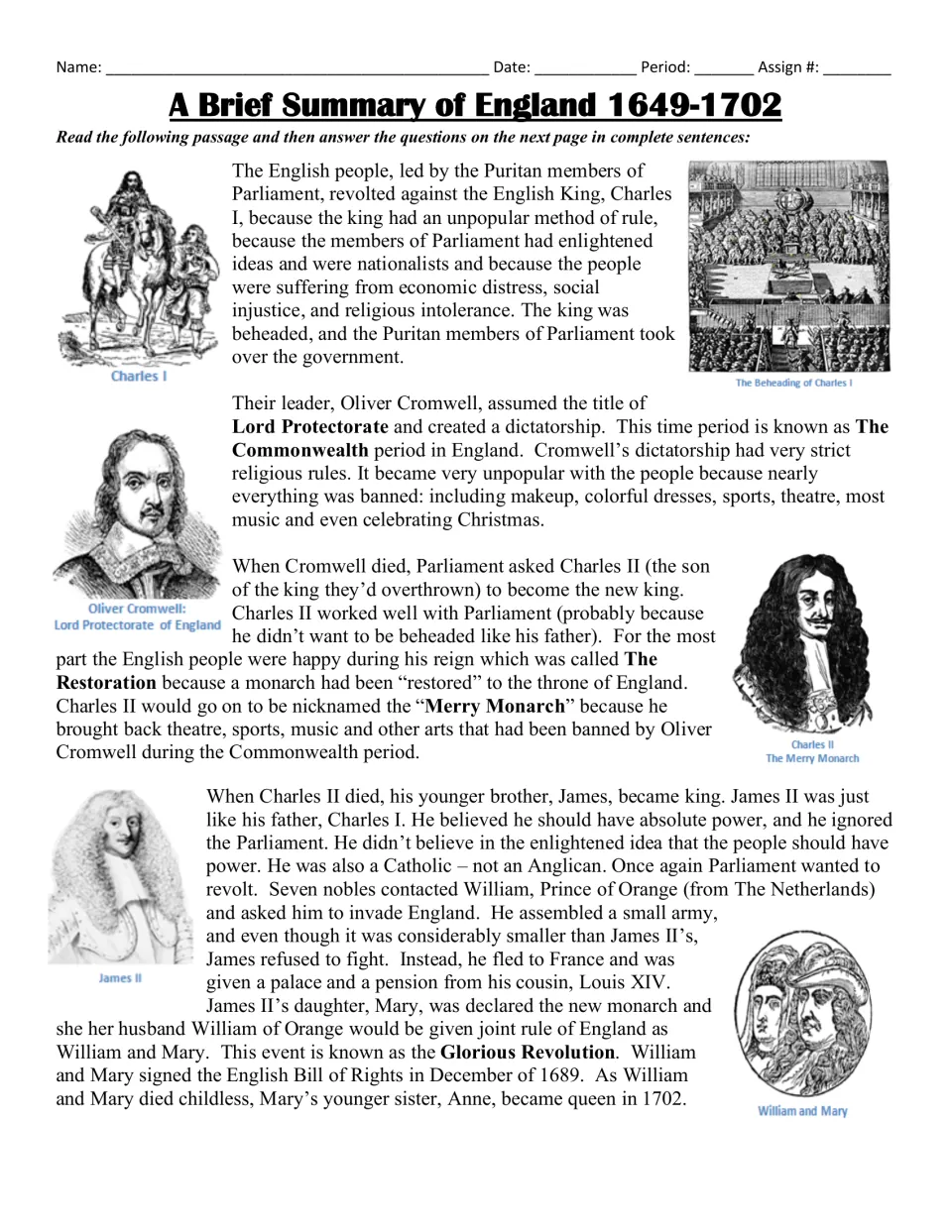 Reading passage on England from 1649 to 1702, covering Cromwell, the Restoration, and the Glorious Revolution.