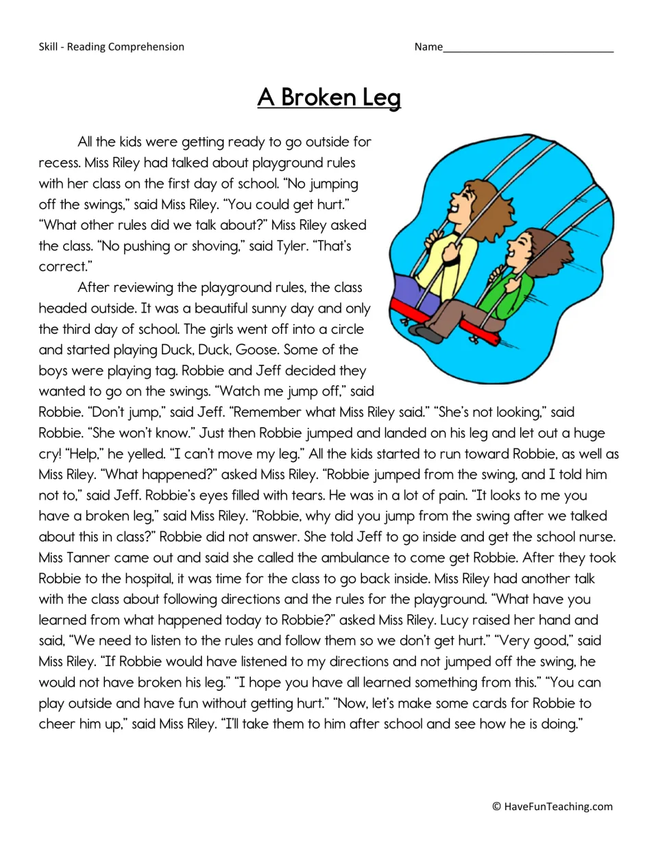 A Broken Leg story: students read how Robbie jumps off a swing at recess, ignoring the rules, and breaks his leg