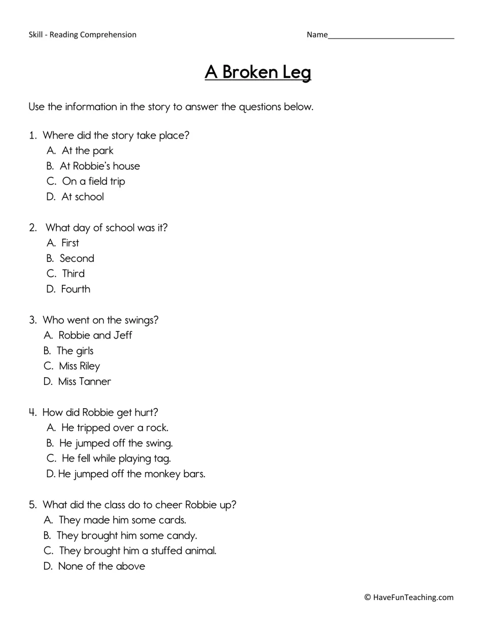 Reading comprehension quiz: students answer 5 multiple-choice questions on the setting, day and events of the swing story