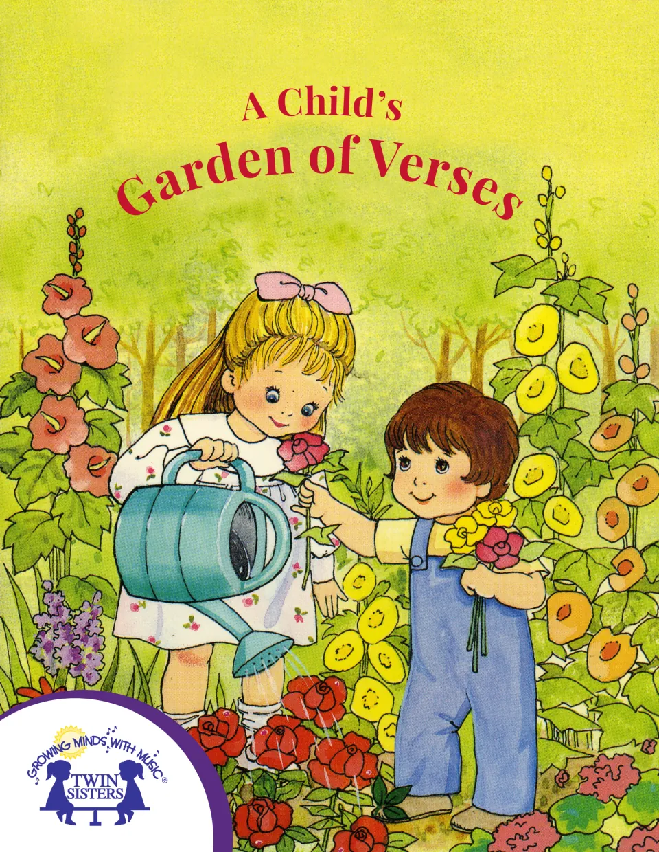 Cover of A Child's Garden of Verses eBook, showing two children watering and gathering garden flowers
