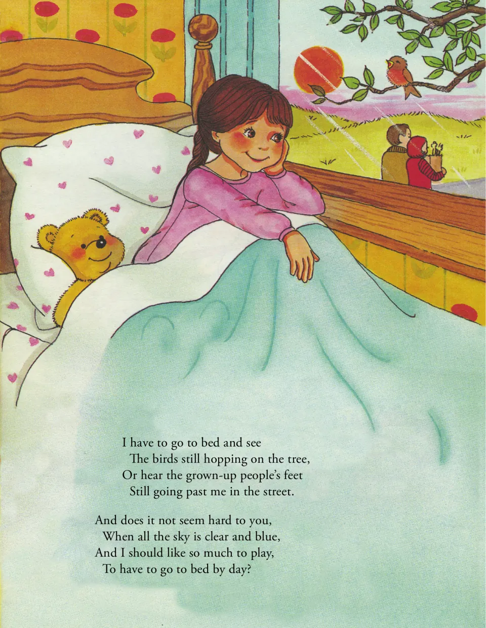 Bed in Summer continues with birds, passing grown-ups, and a child's wish to play instead of going to bed