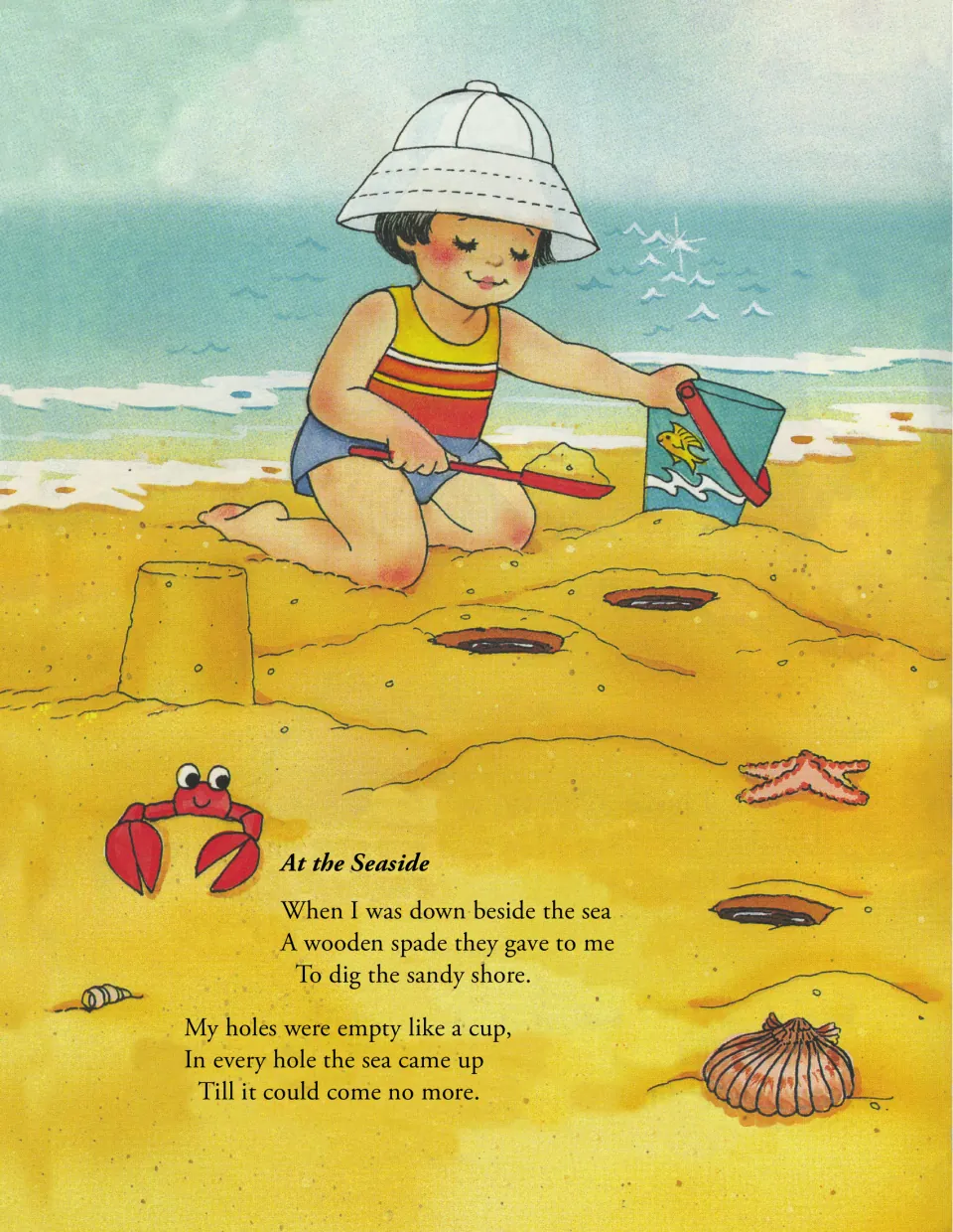 At the Seaside poem describes digging holes with a wooden spade and watching seawater fill them
