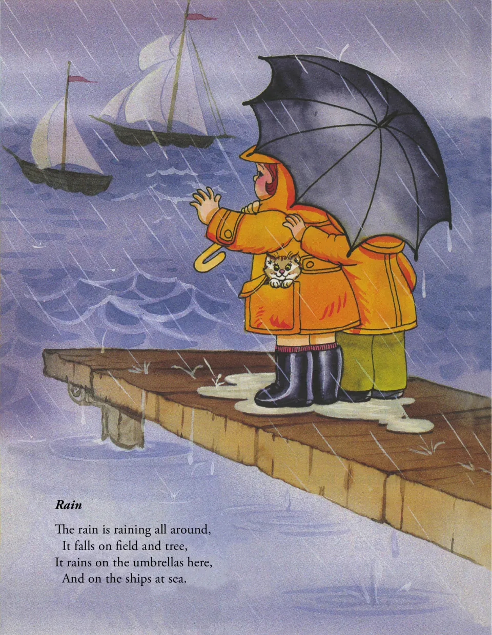 Rain poem describes rainfall on fields, trees, umbrellas, and ships, illustrated by children on a dock