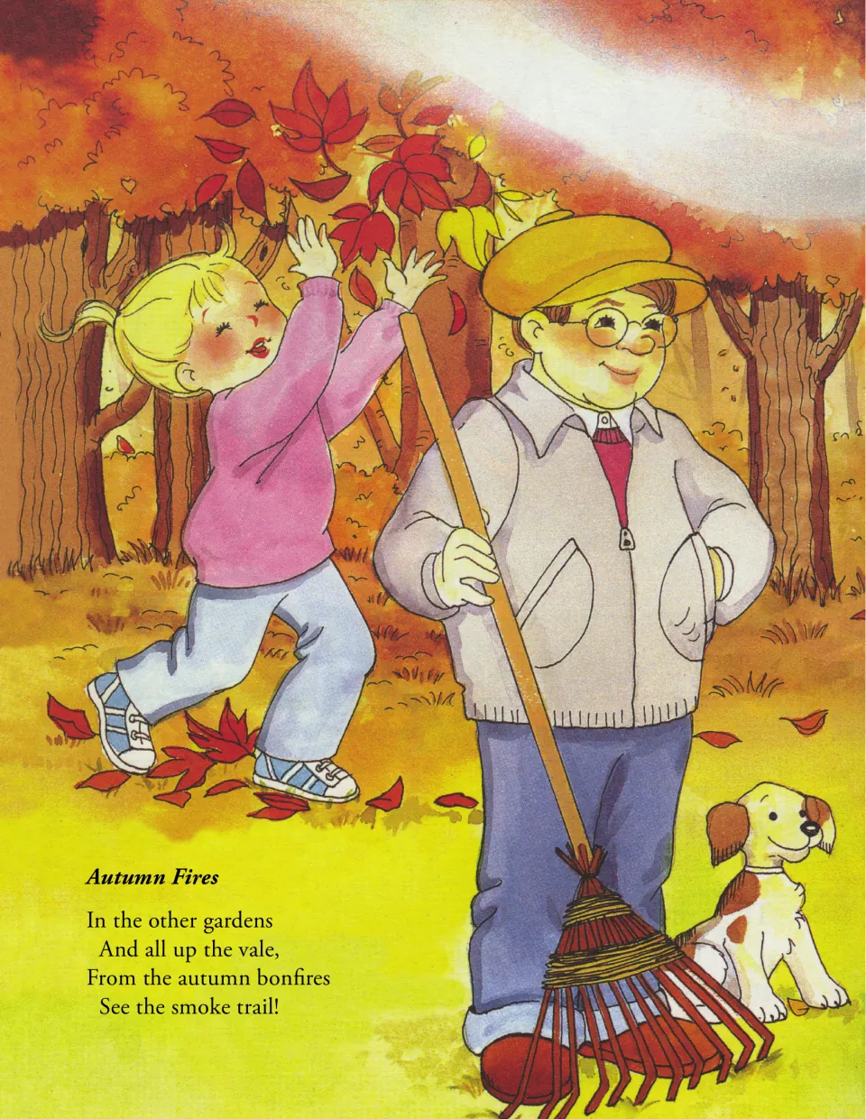 Autumn Fires opens with a stanza about smoke rising from garden bonfires, beside a fall leaf scene
